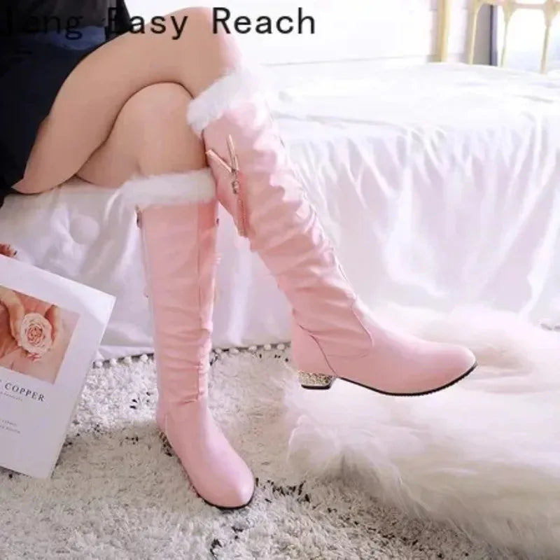 Winter Warm Knee High Boots Women Platform Wedges High Heels Snow Boots Slip on Winter Ladies Shoes White Black Pink 2025
