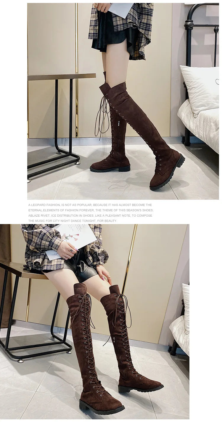 Side Zipper Lace-up Women's Long Botas Brown Black Suede Mid Heel Over-the-Knee Boots for Women Ladies Thigh High Boots Size 43