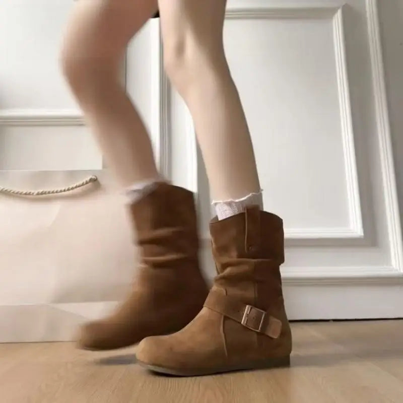 Women Suede Mid Calf Boots Vintage Buckle Strap Slouch Ankle Booties Retro Casual Flat Shoes Round Toe Slip On Short Boots