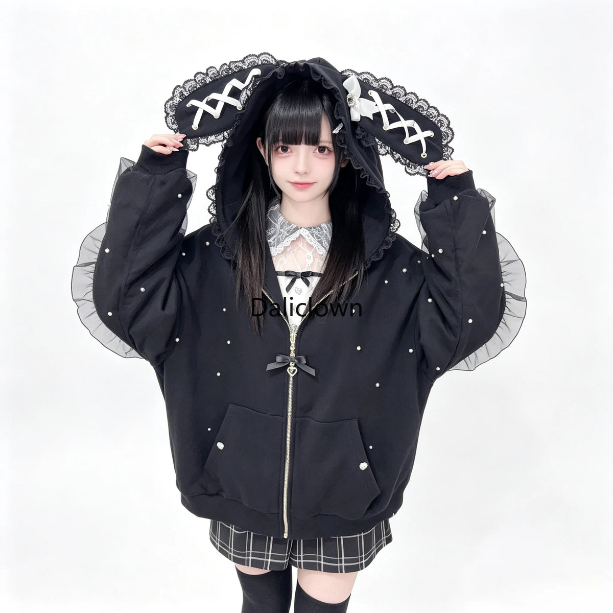 Vintage Japanese Subculture Jirai Kei Jacket Women Y2K Coat Lace Rabbit Ears Hoodie Gothic Sweatshirt Harajuku Halloween Cosplay