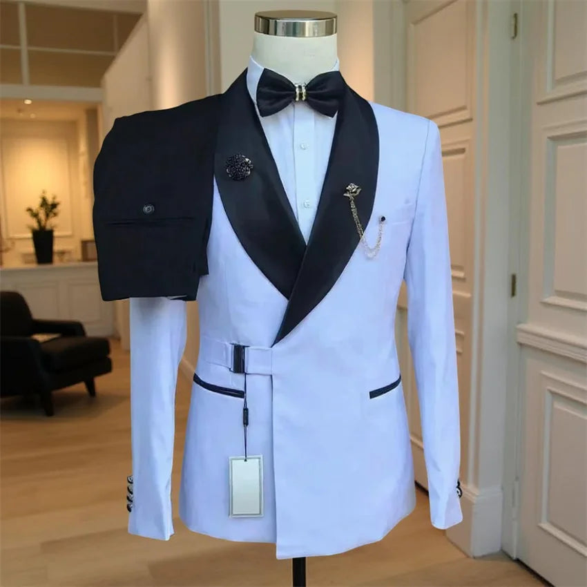 2 Pieces Wedding Tuxedo for Groom with Buckle Slim Fit Men's Suits White Jacket with Black Pants Sets Formal Male Fashion Suit