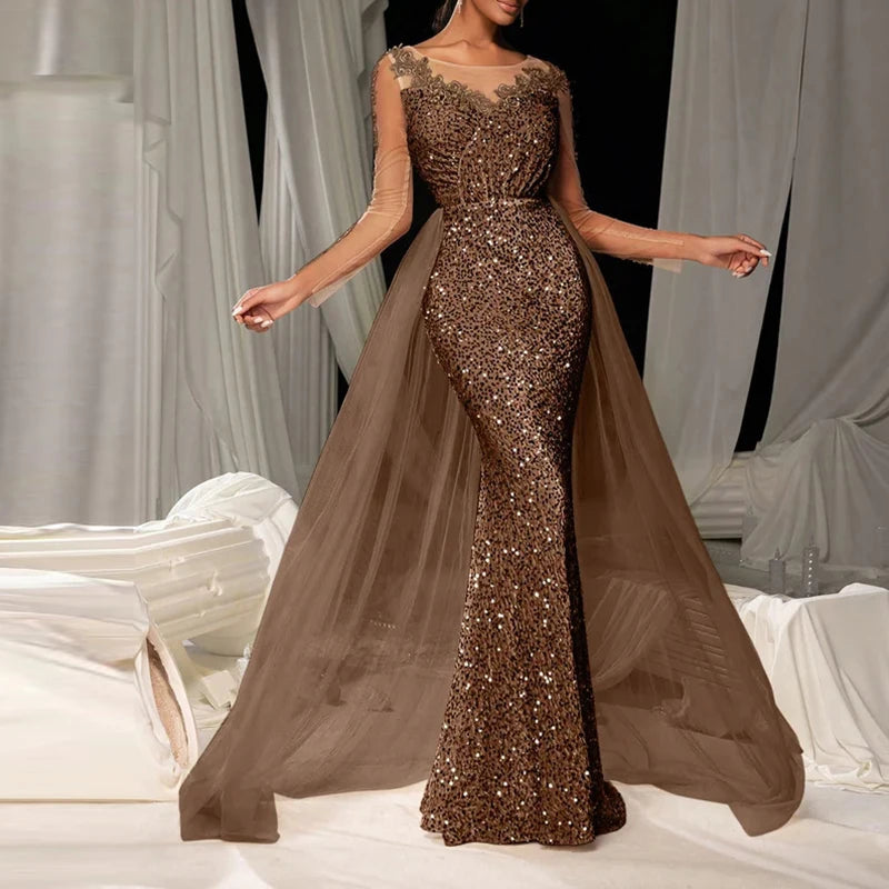 Luxury Long Sleeve Slim Dress Elegant V-neck Lace Sequin Mesh Spliced Evening Dress Fashion Solid Color High Waist Glitter Dress
