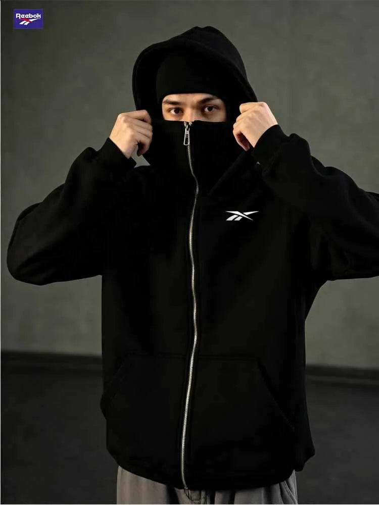 Reebok Men's New Fall/Winter Double-Pocket Hooded Sweater with Face Mask and Zipper Sports Outfit - Loose and Comfortable to Wea