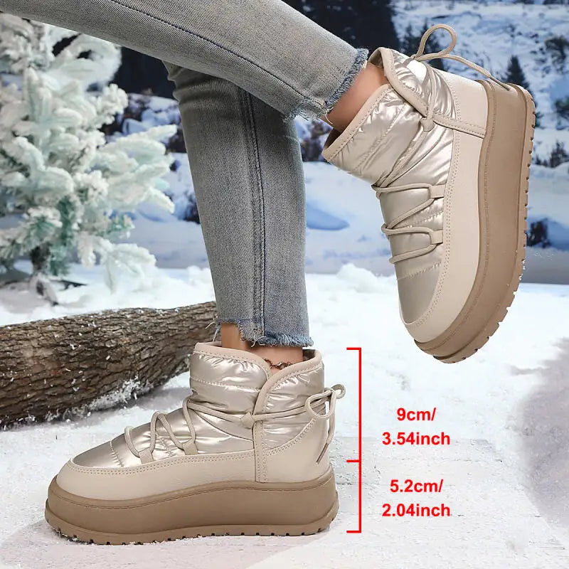 Comfort Platform Waterproof Snow Boots Women 2026 Winter Lace Up Decoration Thick Bottom Moon Boots Women Plush Short Booties
