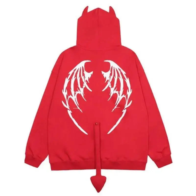 2025 Autumn Harajuku Hoodies Women Gothic Devil Horn Hooded Sweatshirt Halloween Cos Clothes Detachable Tail Zip-Up Outwear