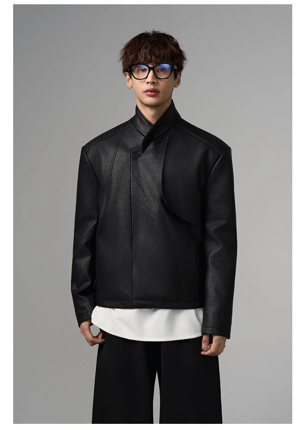 Mauroicardi Spring Autumn Cool Short Black Pu Leather Jacket Men Shoulder Pads Stand Collar Luxury Designer Fashion Clothes 2026