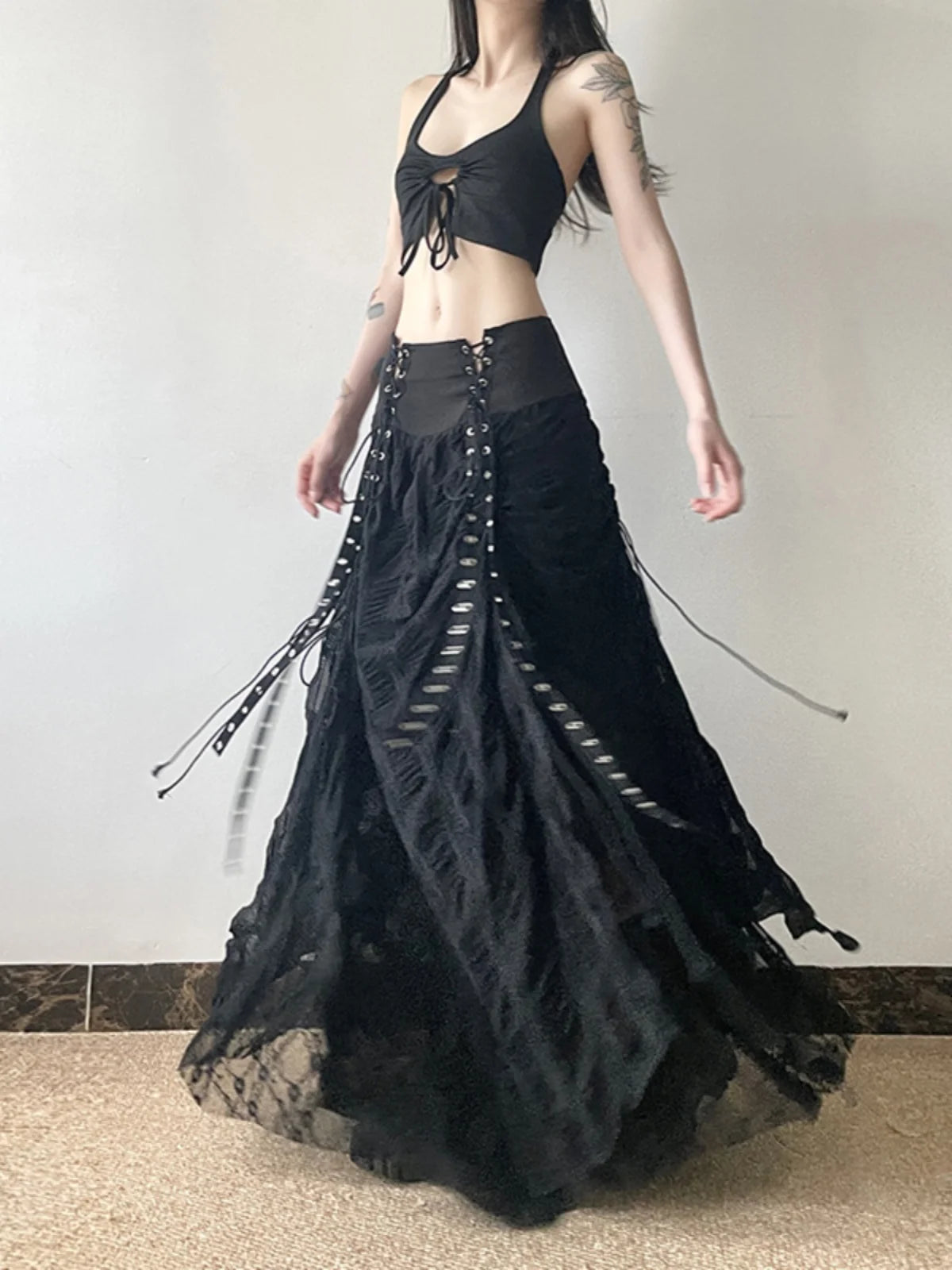 Gothic Long Skirt Bandage Lace Mesh Patchwork High Waist A Line Drawstring Split Black Skirt Irregular Aesthetic Female Fashion