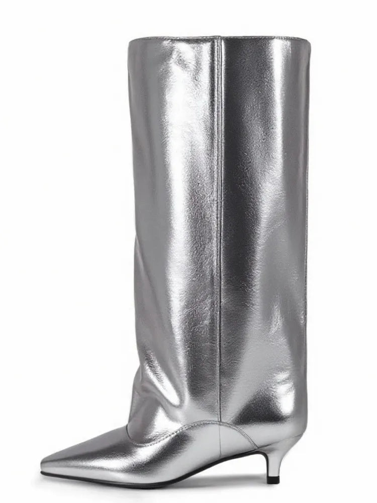 Women's Spring and Autumn New Cat Heel Wide Knee Knee Boots Fashion Pointed Women's Low Heel Mid Heeled Boots