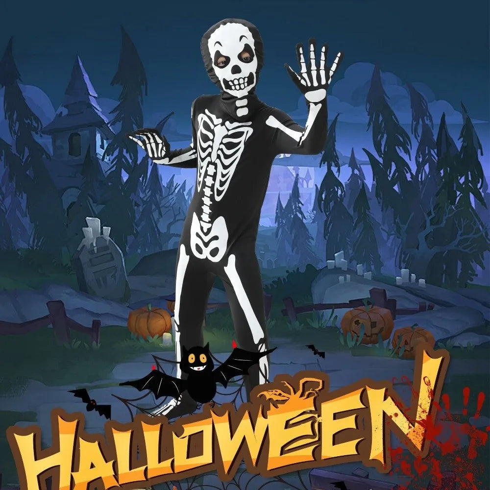 Glow-in-dark Skeleton Skull Costume Luminous Printed Skeleton Ghost Jumpsuit Full Body One-piece Suit Halloween Cosplay Outfits