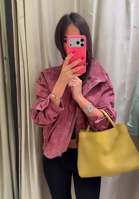 Women Stand Collar Leather Pilot Jacket Red Zipper Cropped Coat Fashion Casual Fashion Outerwear 2026 New Arrival Streetwear
