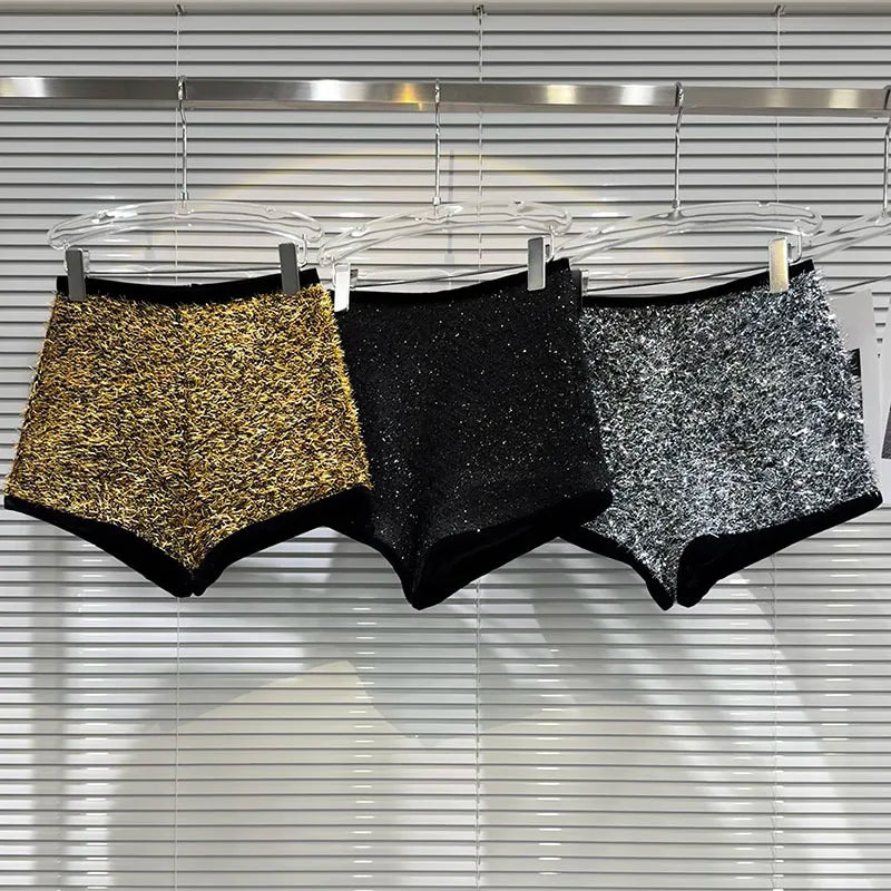Trendy Women's Solid Color Bright Silk Woolen Shorts 2024 Autumn Fashion New Items High Waist Short Pants Female