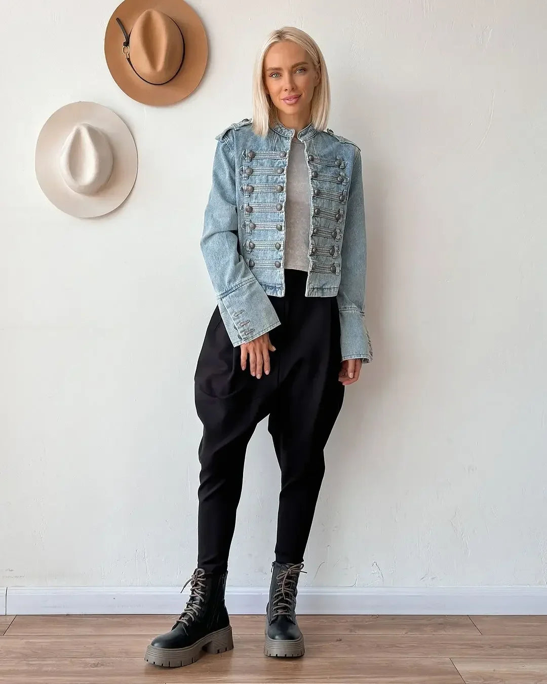 Vintage Denim Military Jacket Women Retro Solid Round Neck Single Breasted Slim Short Jackets 2026 Lady Daily Street Outerwears