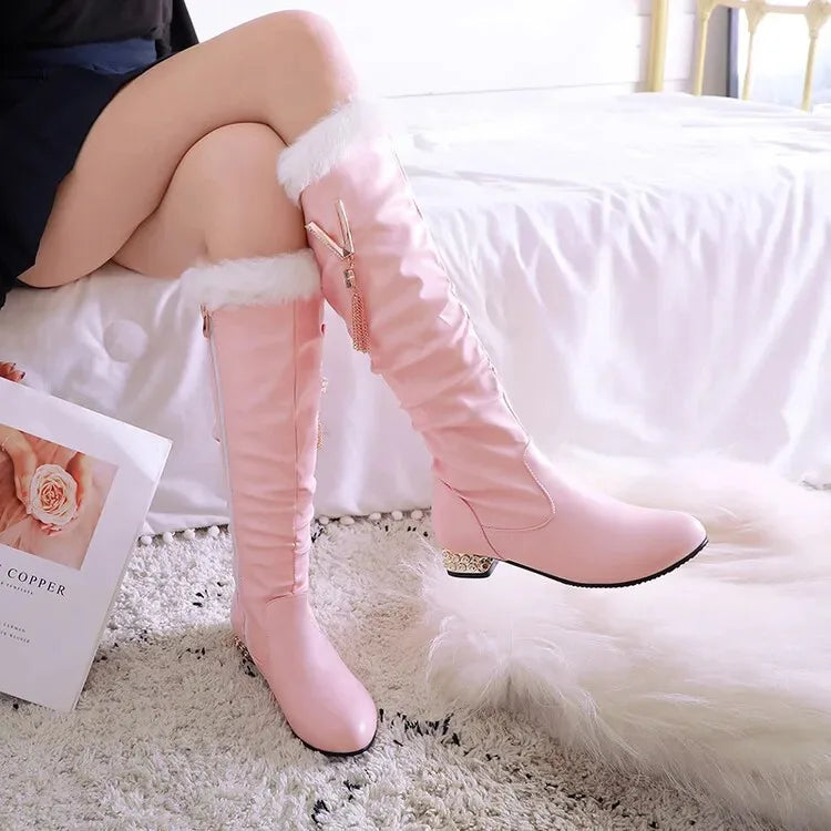 Winter Warm Knee High Boots Women Platform Wedges High Heels Snow Boots Slip on Winter Ladies Shoes White Black Pink 2025
