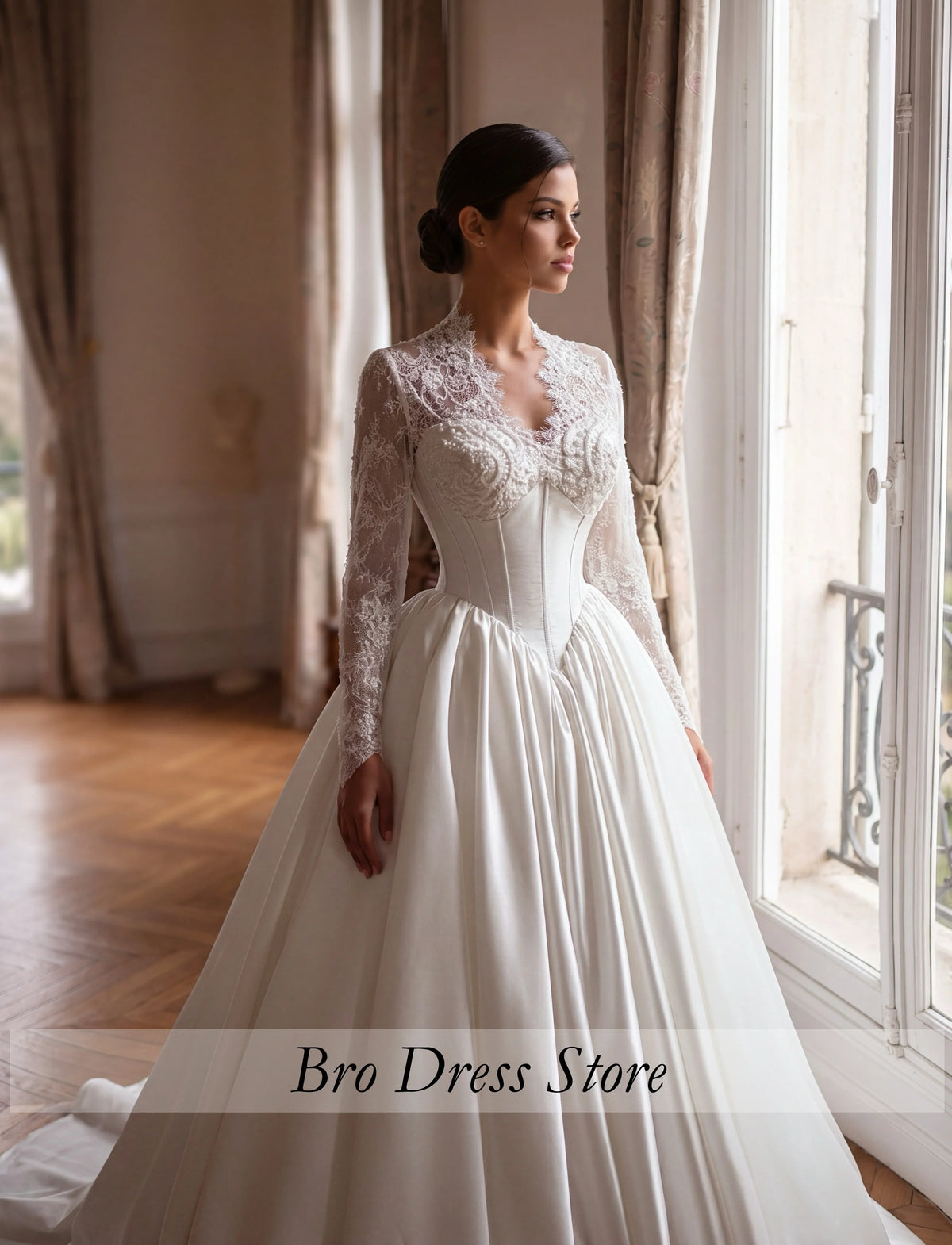 Customized Royal Princess Wedding Dress Satin Ball Gown Lace Long Sleeves Corset V Neck Luxury Bridal Gown Vestido de Novia