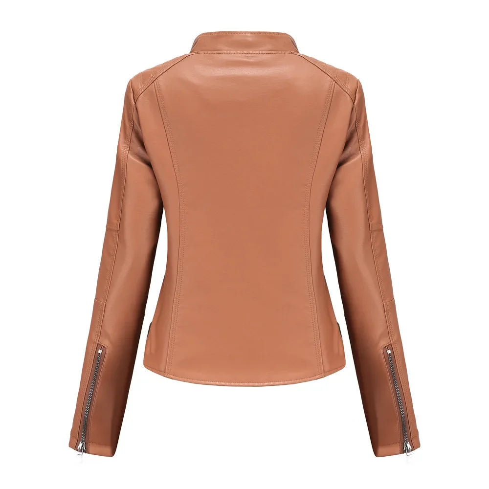 New women's leather jacket Slim jacket Thin section of the spring and autumn jacket Standing collar women's leather jacket