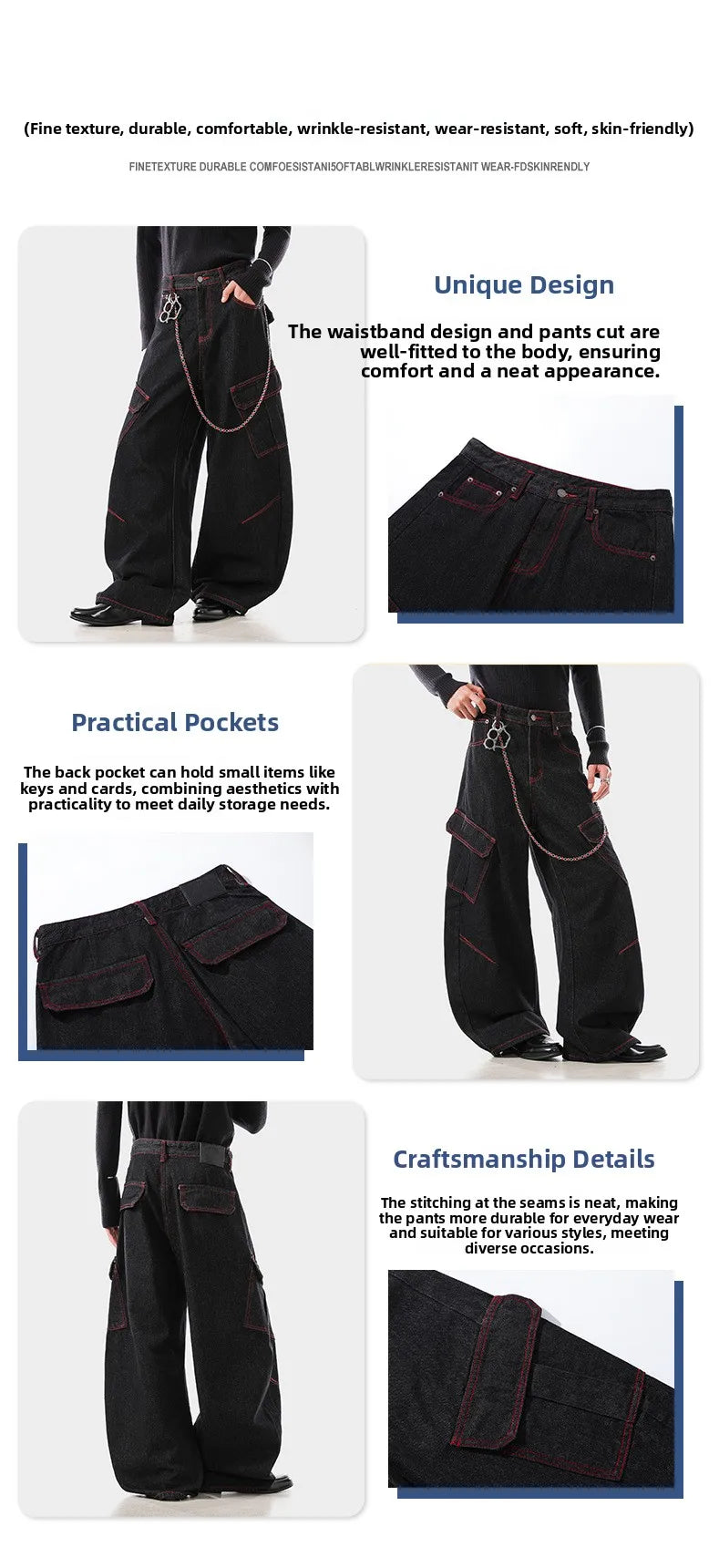 American Retro Washed Denim Jeans Multi Pocket Loose Slimming Long Trousers Straight Cut Mid Waist Zipper Fly Casual Jeans