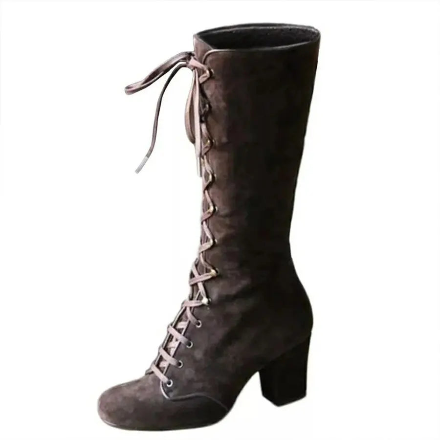 Winter Women Boots Shoes Fashion Vintage Lace-up Boots Women Round Cowboy High Heels Booties Shoes Woman Botas Mujer