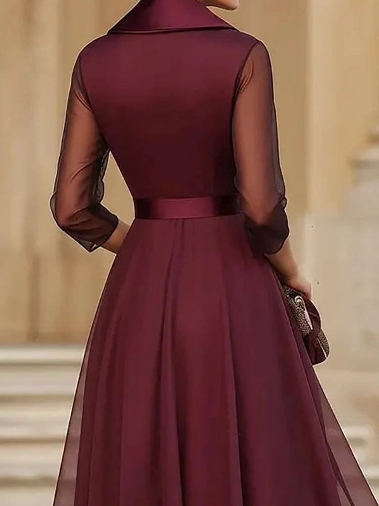Spring Summer Mesh Patchwork Simple Maxi Dress Women V Neck Three Quarter Sleeve Chic Lace-Up Holiday Streetwear Dress Vestidos