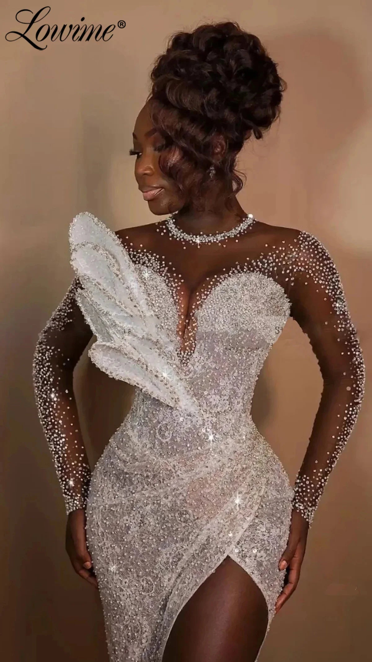 African Wedding Dresses Long Sleeves Sheer Net Mermaid Bridal Gowns 2024 Customized Plus Size Bride Dress With Detachable Train