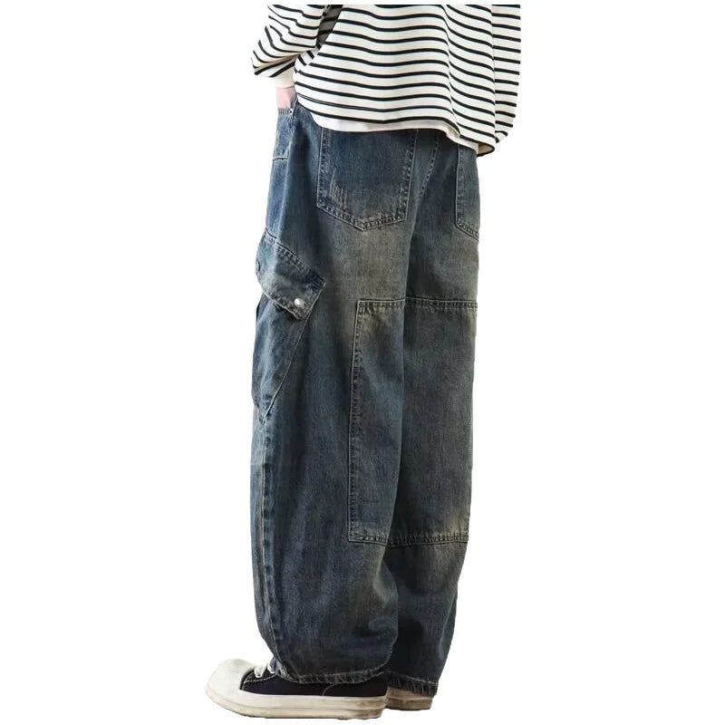 Retro American Washed Heavyweight Patchwork Wide Leg Men's Jeans Casual Loose Workwear Trousers with Multiple Pockets