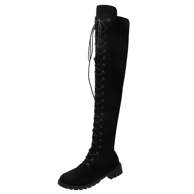 Side Zipper Lace-up Women's Long Botas Brown Black Suede Mid Heel Over-the-Knee Boots for Women Ladies Thigh High Boots Size 43