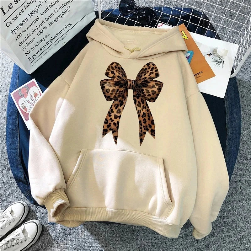 Bow Heart Love Leopard Print Hoodies Long Sleeve Funny Sweatshirts Streetwear Women's Casual Graphic Hooded Pullovers Clothes