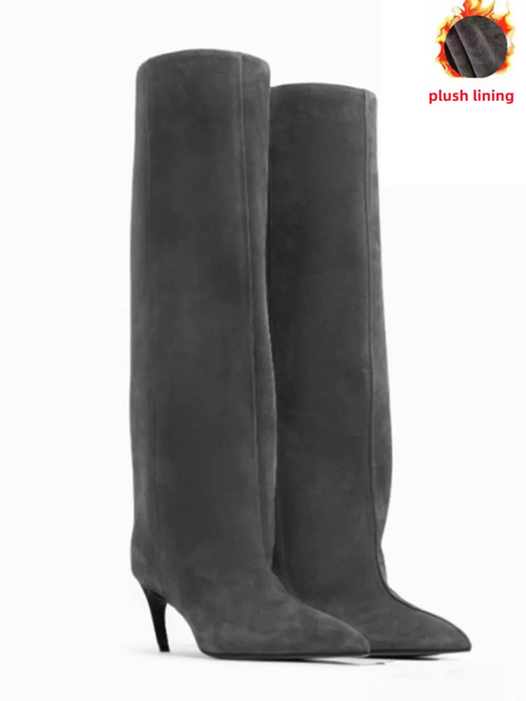 Women's Slim Fit High Heels Knee High Boots Autumn and Winter Fashion Women's Pointed Mid Top Boots, Large Women's Boots