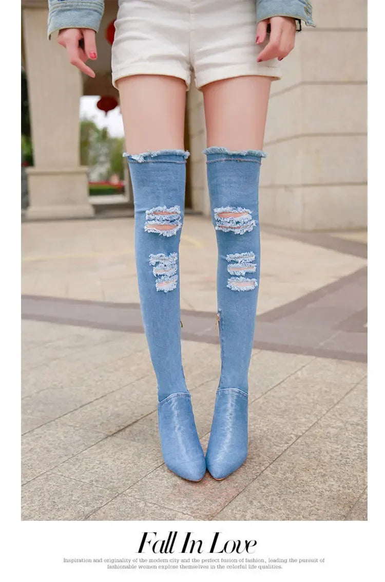 Summer Autumn Thigh High Boots Women Fashion Peep Toe Over The Knee Boots Blue Denim Jeans Zipper Long Boots Shoes Ladies