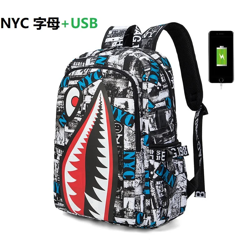 Cool shark mouth prints bagpack boy camouflage college bags unisex schoolbags waterproof backpacks student large capacity bags