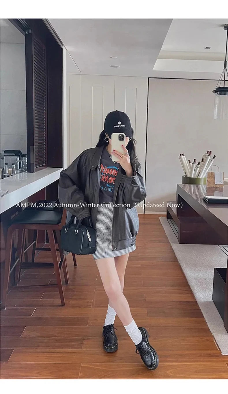 Lautaro Autumn Cool Brown Oversized Leather Jacket Women Drop Shoulder Long Sleeve Zippper High Quality American Retro Clothing
