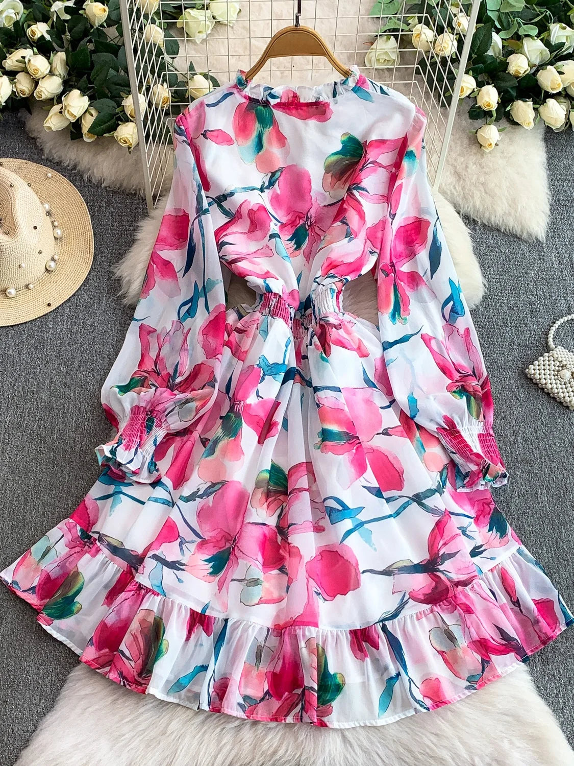 Vaion Sle V-Ne Printed Chiffon Women's Dr Elastic Waist Slimming A-Line Midi Skirt Bell Sve Long Sve Winter D...