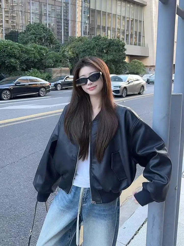 Black Short Baseball Jacket Leather Jacket Women's 2026 Spring New Pu Leather Cool Sa Style Retro Loose Locomotive Clothing