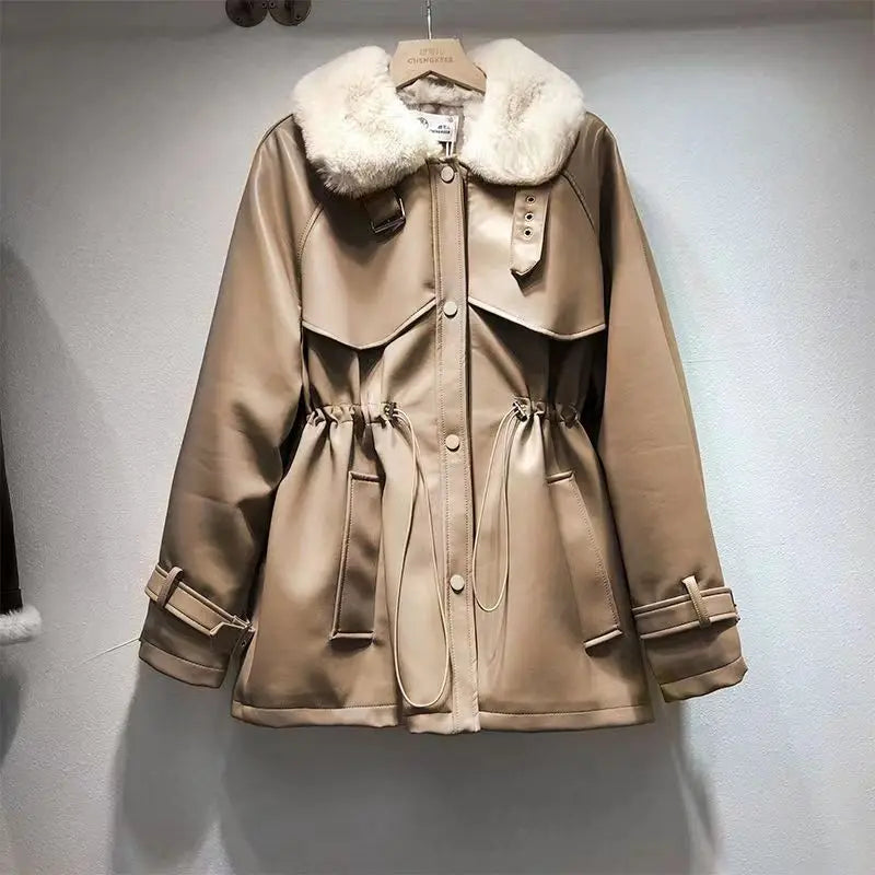 2026 Winter Age Reduction with Thick Velvet Loose Stand up Collar Motorcycle Wear PU Leather Jacket Long Sleeve Coat for Women