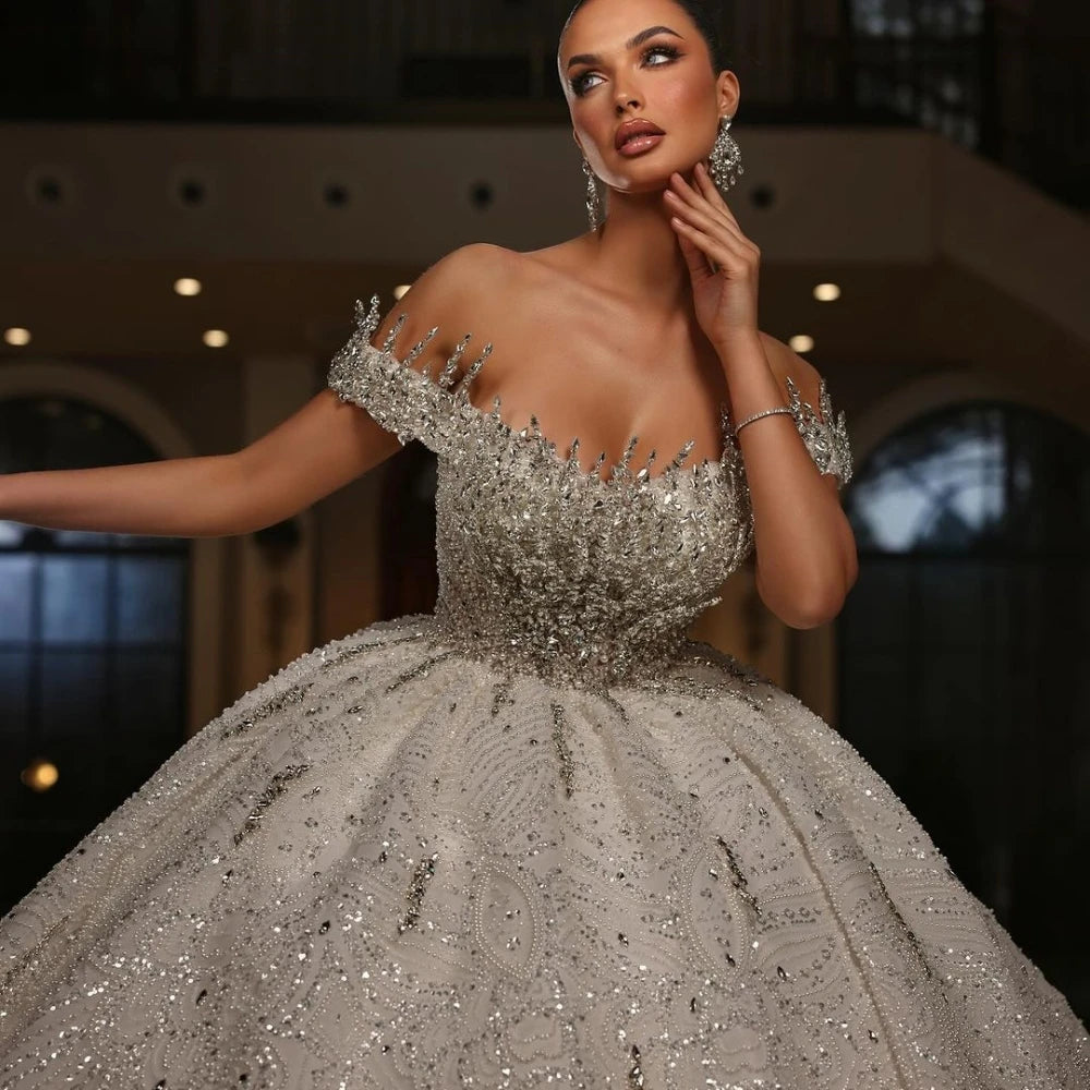 New Arrival Silver Beaded Wedding Dress Glamorous Off Shoulder Bridal Gown Customized Exquisite Ball Gowns Dresses For Bride