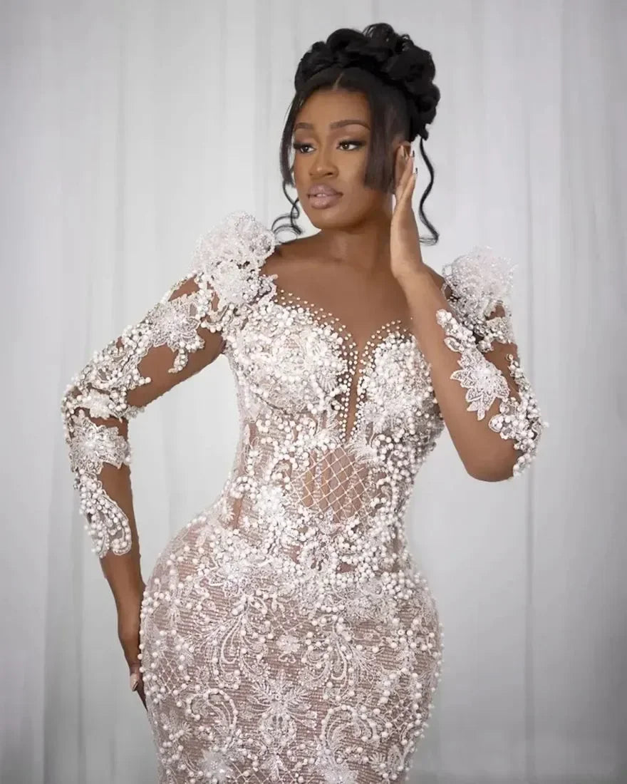 Luxurious Mermaid Lace Pearl Decal African Nigerian Wedding Dress Sexy V-Neck Long Sleeved Plus Size Bridal Gown Customized