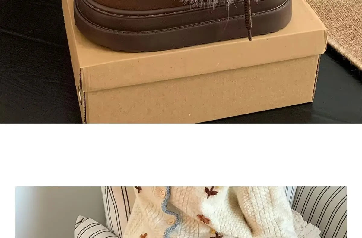 Korean Style Lace Snow Boots 2025 Winter Plush Warm Short Boots Girls Sweet Thick Bottom Casual Boots Students Cotton Shoes