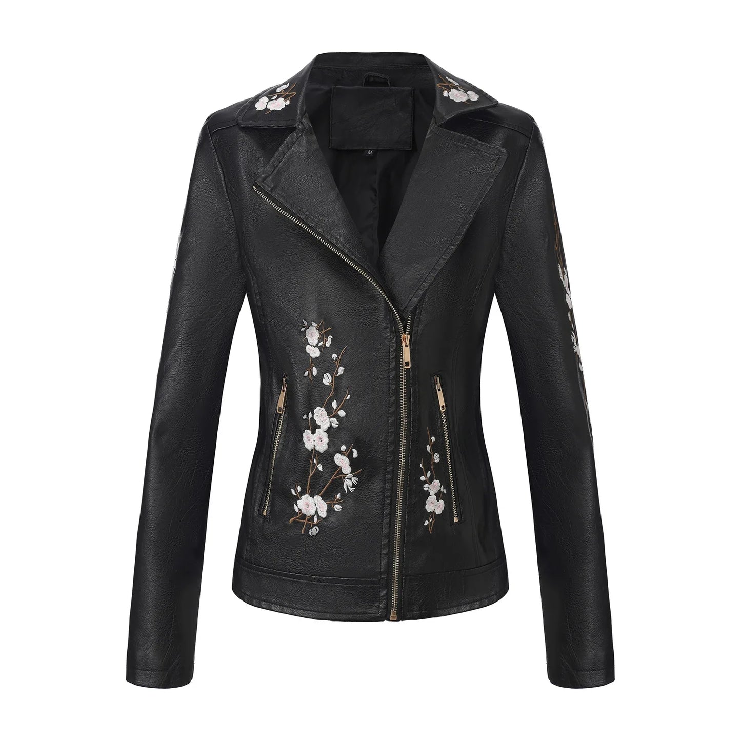 Women's Black Embroidered PU Jacket, Street-Style Brown Faux Leather Coat, Fashionable Beige Long Sleeves Top. 2026 New