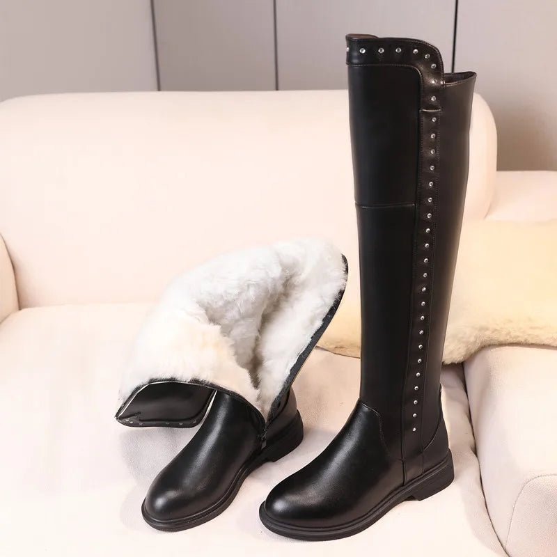 Women Over The Knee Boots Winter Natural Wool Warm Genuine Leather Ladies Knee Boots Large Size Non-slip Snow Boots Women