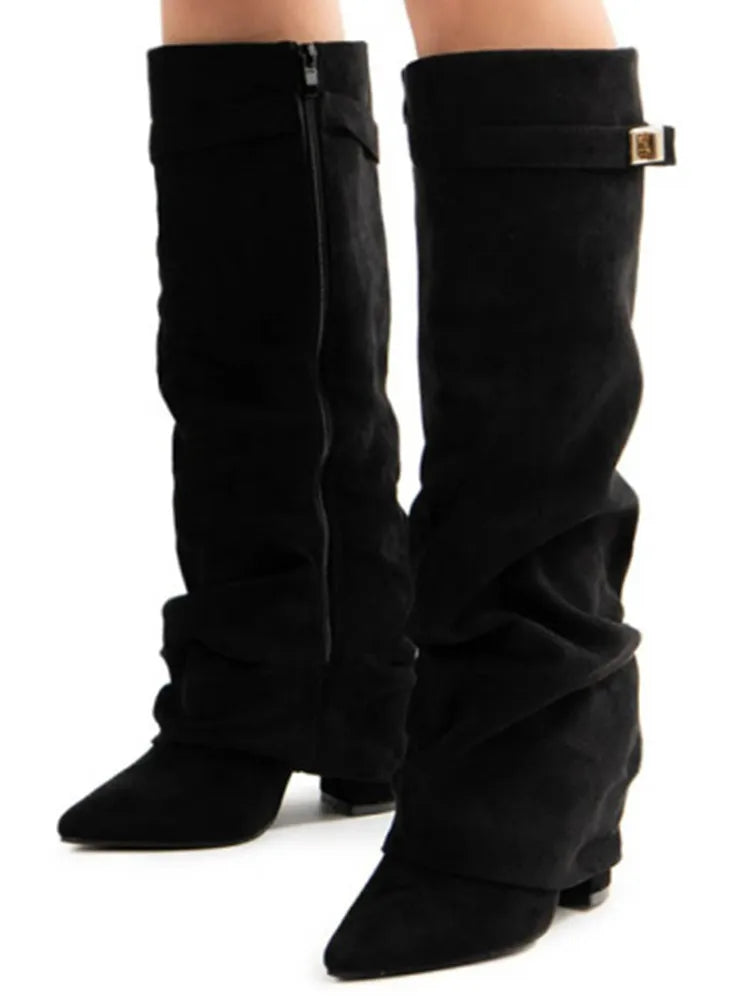 Autumn and Winter New Pointed Metal Buckle Knee High Women's Boots, Thick High-heeled Pants Boots, Fashionable Mid Leg Boots