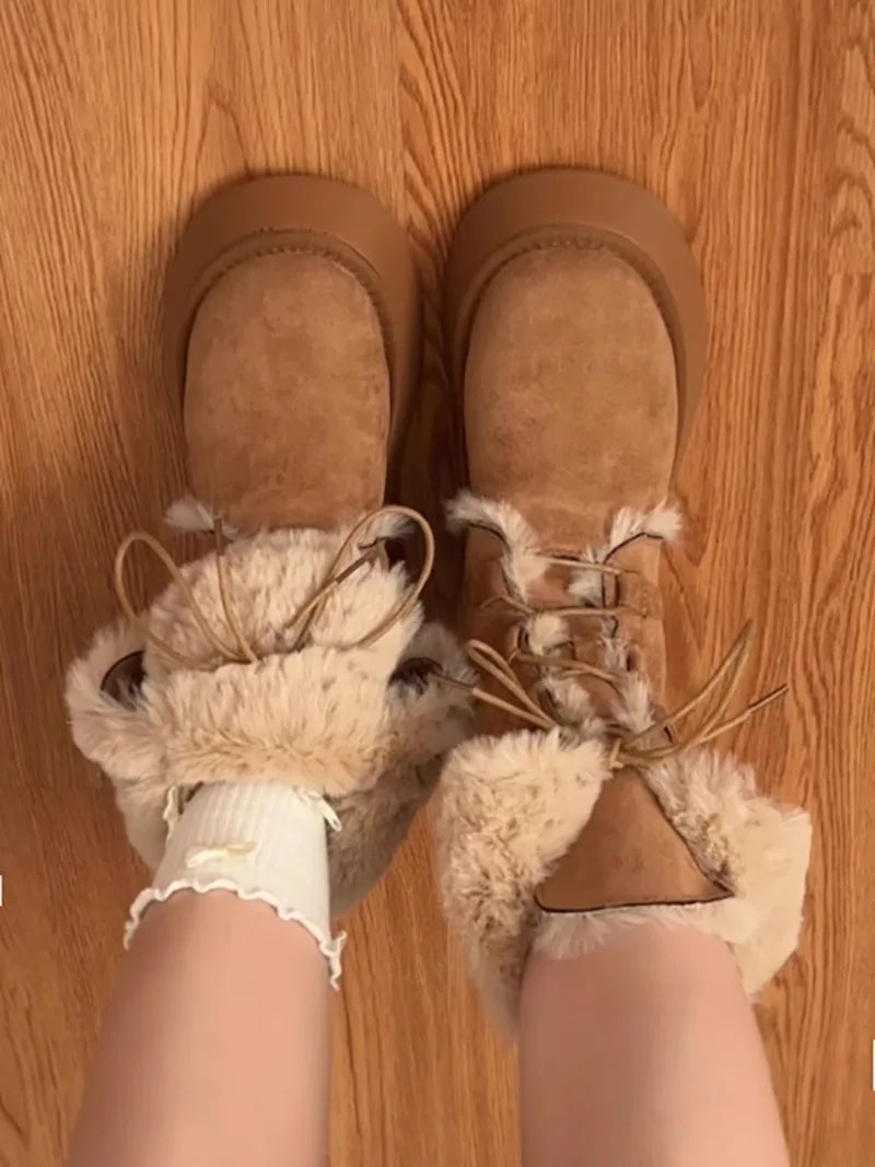 Retro fur integrated warm snow boots for women in winter 2025, new thick soled and plush thick anti slip cotton shoes