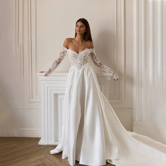 Elegant Satin Wedding Dresses Off Shoulder Long Sleeve A Line Bride Dress Long Train Beaded Lace Church Bridal Gown Customized