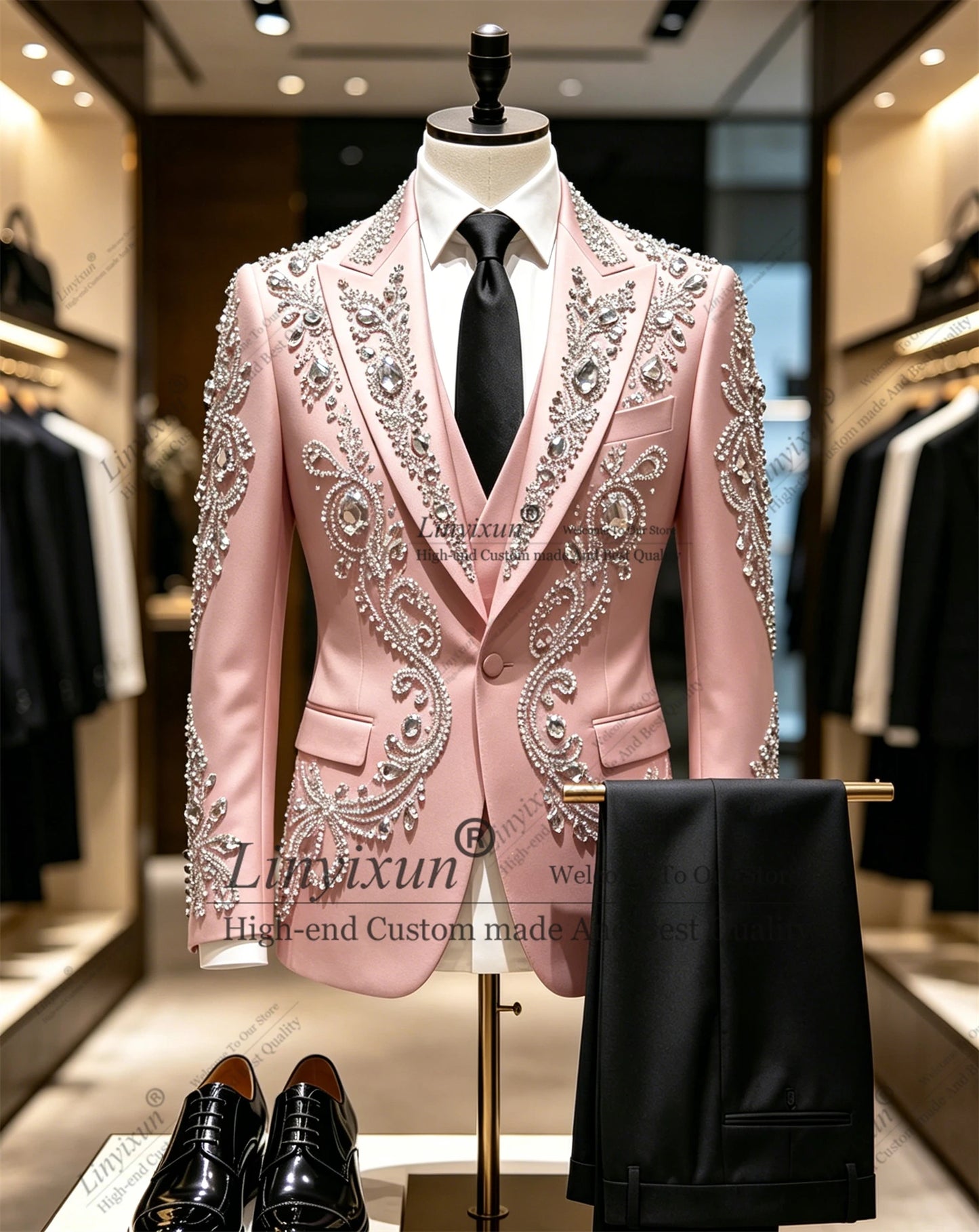Shiny Plears Beaded Men Suits 3 Pieces Sets Groom Tuxedos Customized Party Prom Blazer Slim Fit Dinner Wedding Costume Homme