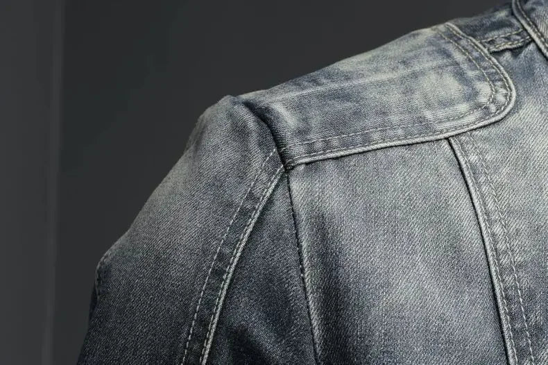 Men's Retro Denim Jacket Casual Oversized Stand Up Collar Zippered Jacket Cycling Motorcycle Coat Trend Loose Fit Top