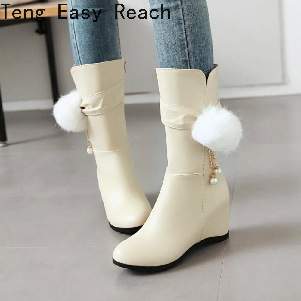 Women Snow Boots Autumn Winter Keep Warm Fur Wedges Increasing Faux Suede Round Toe White Princess Boots New 2026