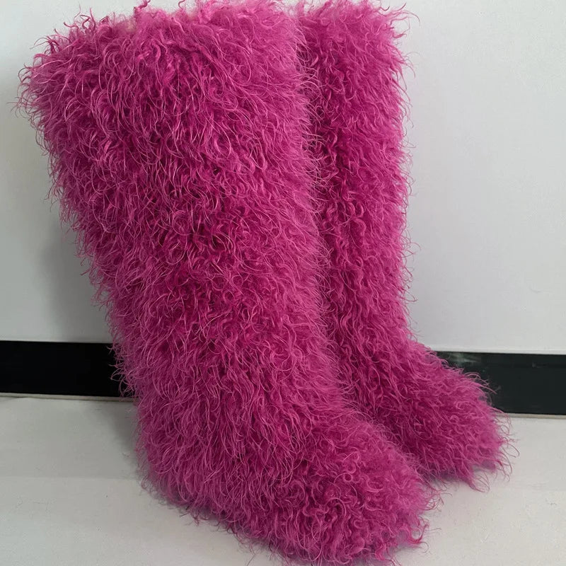 New Over The Knee Fur Boots Women Warm 72CM Long Faux Mongolian Fur Snow Boots Winter Luxury Fluffy Shoes Plush Platform Shoes