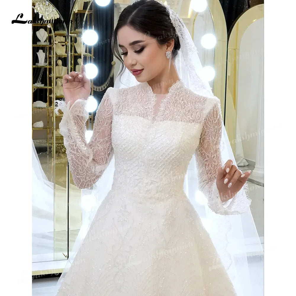 Luxury Illusion High Neck Long Sleeve A Line Wedding Dress Lace Beaded Sequins Bridal Gown vestidos de novia 웨딩드레스 Customized