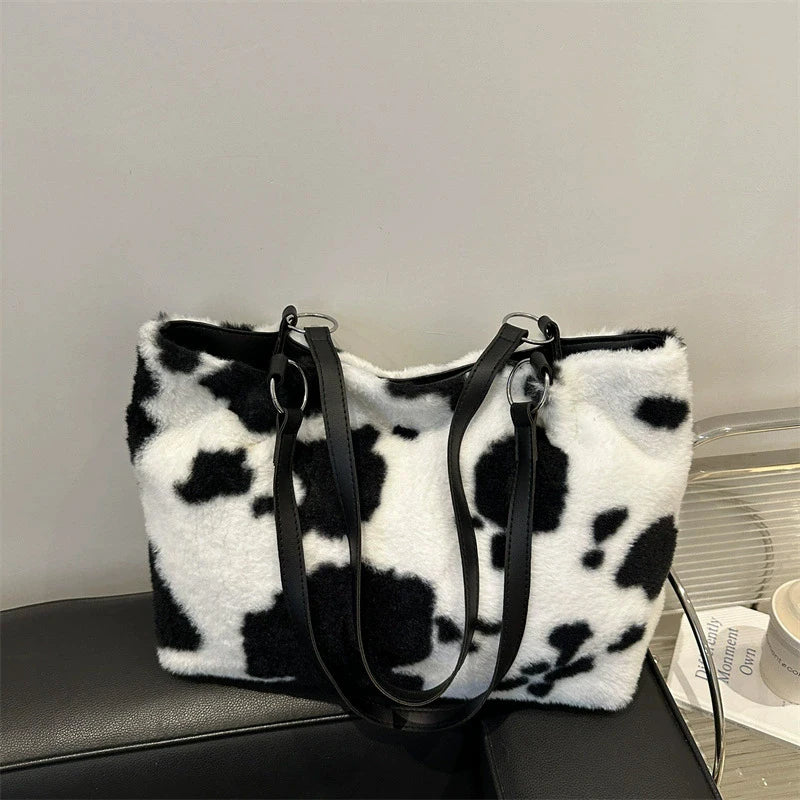 Cow Pattern Plush Shoulder Bag for Women Winter Fashion Purse Handbags Soft Warm Fur Female Casual Messenger Bags