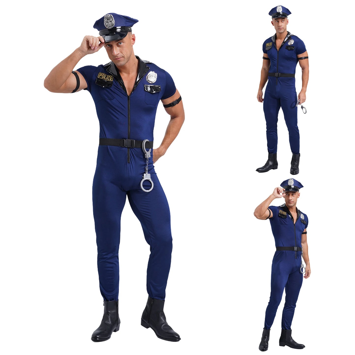 Men Police Uniform Cosplay Outfits Dirty Cop Officer Role Play Policeman Costume Front Zipper Jumpsuit Hat Belt Manacles Badge