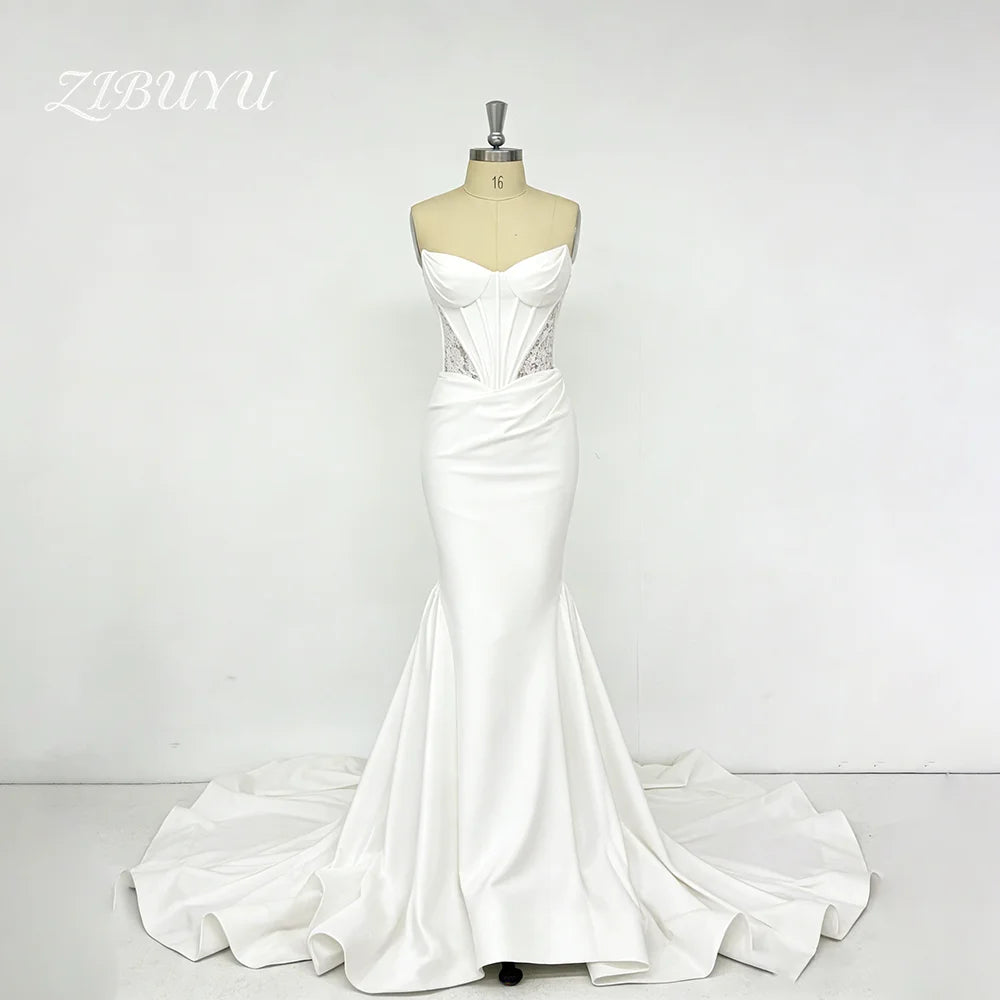 ZIBUYU Customized Luxury Wedding Dress Strapless Sleeveless Satin Sweetheart Neckline Corset Bodice Lace Mermaid Bridal Gowns