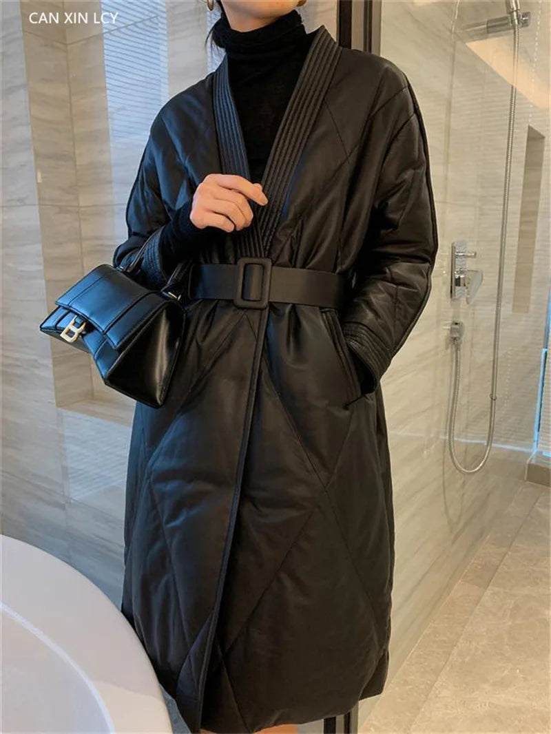 High End Leather Jacket New Women Autumn Winter Long PU Leather Windbreaker With Belt Female Down Cotton Coat Thick Warm Parkas